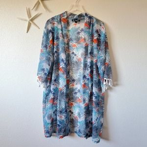 Say What Sheer Tropical Swim Cover Up Kimono Women One Size Blue